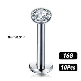 16G Lip Studs Push in Tragus Earrings, 10pcs 8mm Mixed Styles Stainless Steel Silver Lip Studs, Helix Piercing Threadless Lip Stud for Women Men