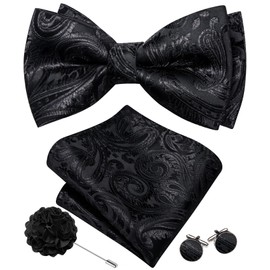 Barry.Wang Pretied Bow Ties for Men Paisley Bow Tie and Pocket Square Cufflinks Lapel Pin Set Formal Black Bowties Party