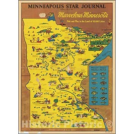 Historic Map : Marvelous Minnesota - Fish and Play in The Land of 10,000 Lakes, 1940, Vintage Wall Art : 32in x 44in