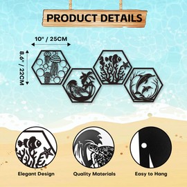 Coastal Metal Wall Art 4-Piece Set,Ocean & Beach Metal Wall Sculptures Featuring Jellyfish Decor, Sea Turtle Decor, Dolphin, Seahorse, Starfish & Clownfish