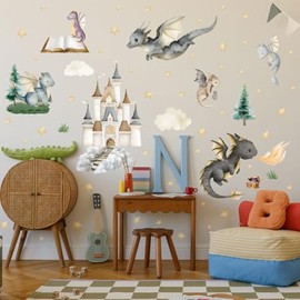Dragon Wall Stickers,Peel and Stick Colorful Flying Dragon,Castles, White Clouds, Stars.Tree Self-Adhesive Mural，Removable Wall Sticker for Living Room Baby Nursery Kids Room Wall Decor (Multicolored)