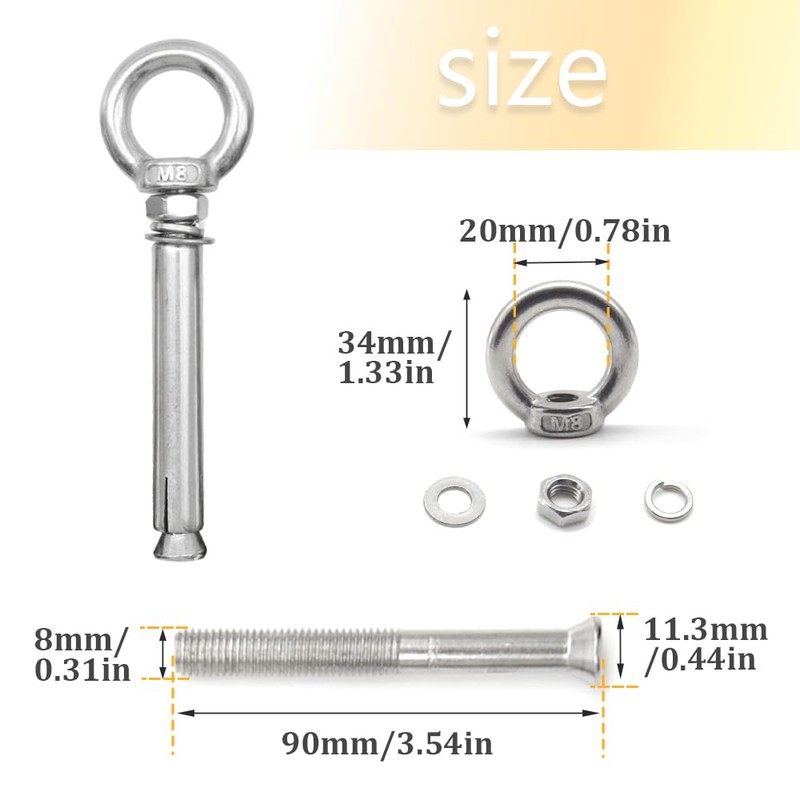 Hocansen 5Pcs Concrete Eye Bolt M8x90mm Expansion Eyebolt Eye Nut