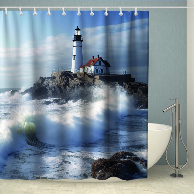 OTRANTO Blue Ocean Shower Curtain Lighthouse Nautical Coastal Scenic Nature