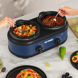Double Slow Cooker, Buffet Servers and Warmers, Dual 2 Pot Slow Cooker Food Warmer, Adjustable Temp Dishwasher Safe Removable Ceramic Pot Glass Lid, 2 x 1.25 QT Portable Small Crock Cooker,Blue