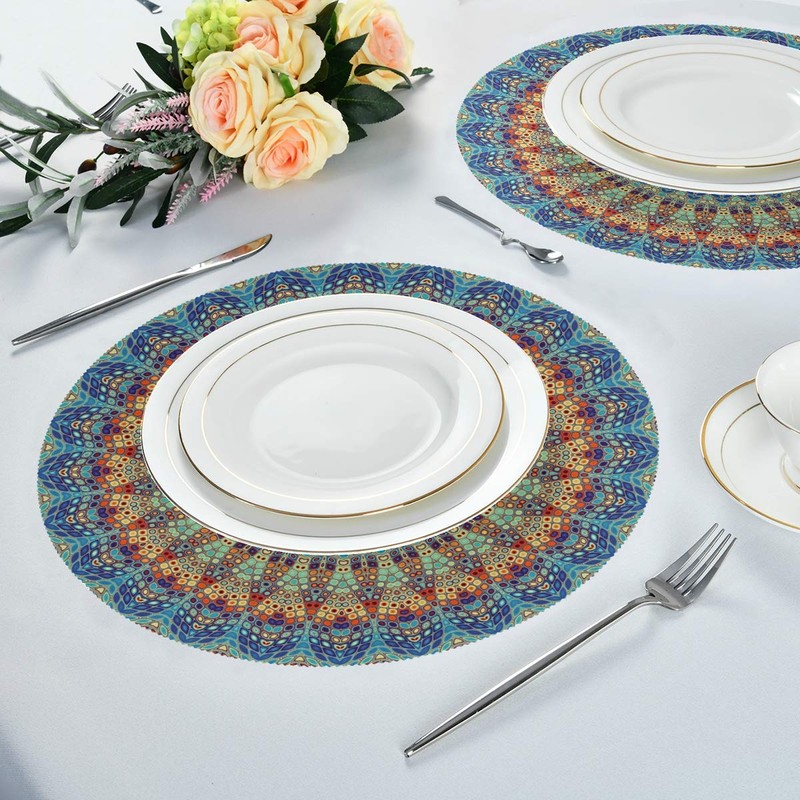 Qilmy Mandala Round Placemats Non-Slip Washable Polyester Table Mats Set