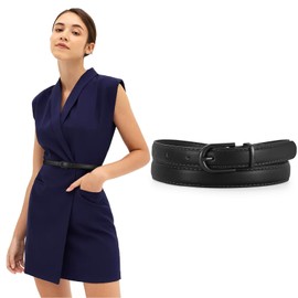 JASGOOD Women Thin Leather Belt Skinny Faux Leather Belt for Jeans Dress with Gold Alloy Buckle,Black