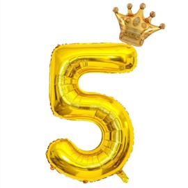 40 Inch Gold Number 5 Crown Balloons Set, 5th Birthday Balloons for Kids, Wedding Anniversar Celebration Decoration Balloons. (5)