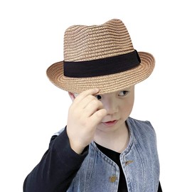Straw Fedora Sun Hat for Kids Roll Up Short Brim Trilby Hat Panama Beach Hat (Khaki)