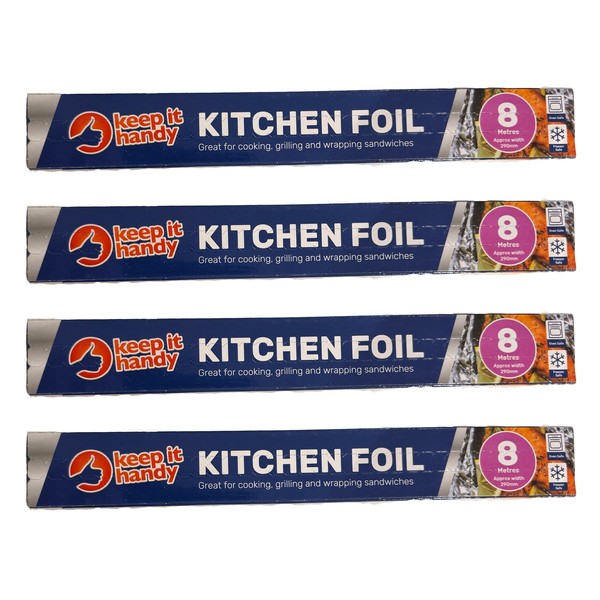 32M Tin Foil Roll | Aluminium Kitchen Foil Roll 4 Pack - 8M x 29cm | Aluminium Foil for Wrapping, Grilling & BBQ | Tinfoil Roll Dispenser & Cutter