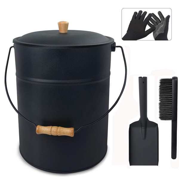 Poofzy Ash Bucket with Lid and Shovel, 4 Gallon Fireplace