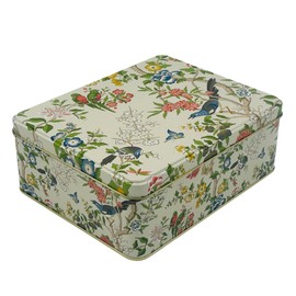 MediMuc Sanderson Gift Tin with Lovingly Designed Rectangular Storage Tin with Flowers & Birds Design – Tin – Dimensions: (L x W x H): 19.5 x 15.4 x 7.5 cm