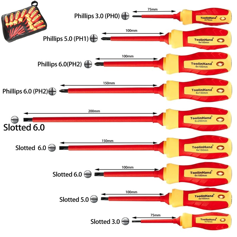 ToolinHand 9 PCS 1000V Insulated Electrical Screwdriver Set, 4 Phillips