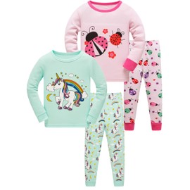 SOIBEEN Girls' Pyjamas Set, 100% Cotton, PJs, Long Sleeve, Short Sleeve Sleepwear, 2-12 Years, Ladybird Blue Unicorn