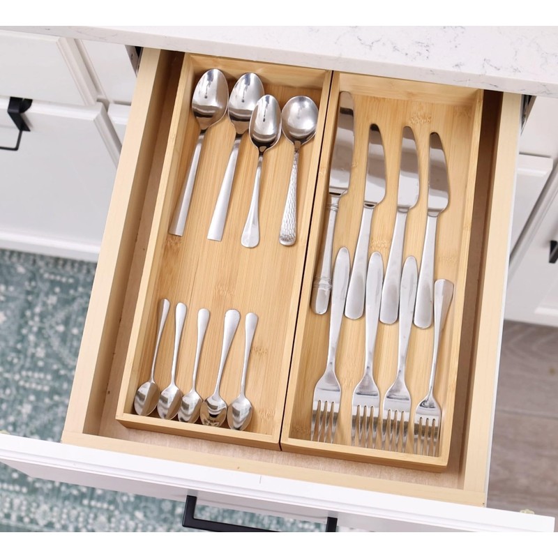 Fabsome Kitchen Utensil Drawer Organizer, Bamboo Silverware Cutlery Flatware Organizer