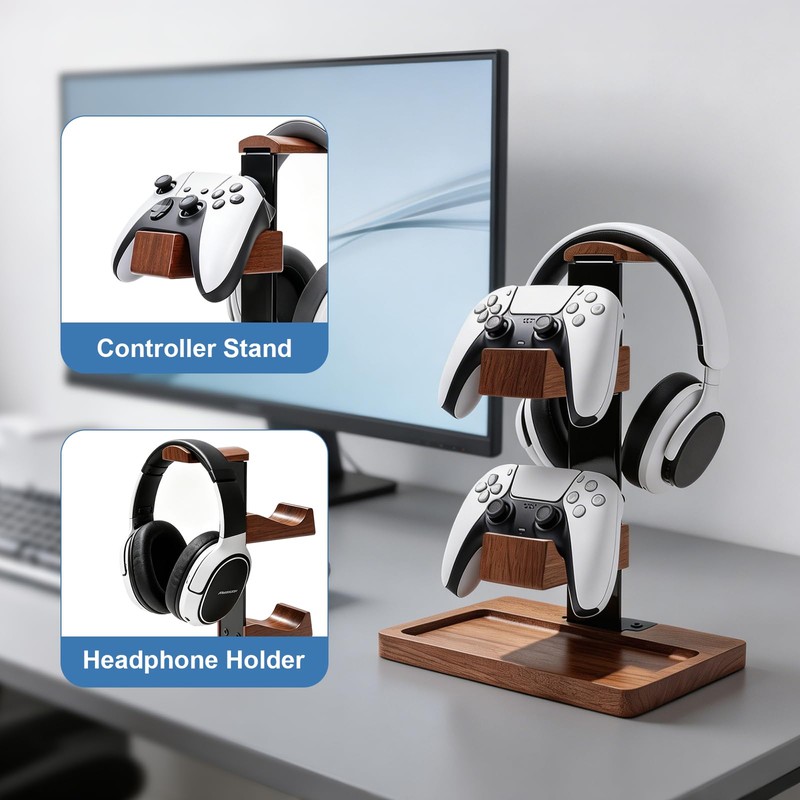 Hooshion Wood Controller Holder, Headphone Stand, Multiple Controller Storage Dispay,