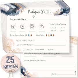 OLGS Baby Shower Guessing Game 25 Cards to Fill in DIN A6 | Baby Bet Typing Cards for Baby Shower | Gender Reveal Party Quiz for Boys and Girls | Pregnancy Gift Baby Party Games - Splash