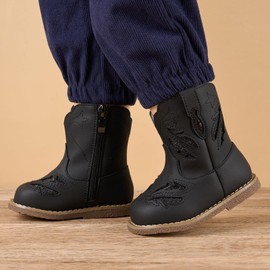 Newsonet Baby Cowgirl Cowboy Boots Western First Walker Shoes Boys Girls Round Toe Boots All Seasons 6 9 12 18 24 Months Black Size 12-18 Months Toddler