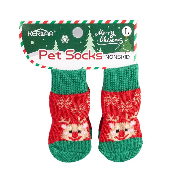 Honblviu Xmas Elk Anti-Slip Soft Dog Socks Set for Hardwood