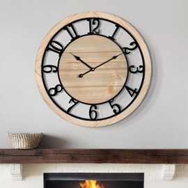 LEIKE 20 Inch Large Wall Clock - Rustic Wooden Silent Non-Ticking Wall Clock with Black Metal Frame, Vintage Farmhouse Decorative for Living Room, Bedroom, Kitchen - Arabic Numerals, Modern Design