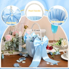 Zhehao 2 Pcs Wedding Flower Girl Baskets with Cute Pearl Handle Bowknot Satin Flower Baskets for Wedding Ceremony, Blue