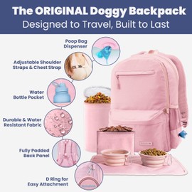 Dog Travel Bag for Supplies - Complete Doggy Diaper Bag Backpack - Ideal Gift for Dog Lovers, Doggy Moms for Christmas - Laptop Sleeve, 2 BPA-Free Bowls, Food Container, Treat Pouch: Dusty Pink