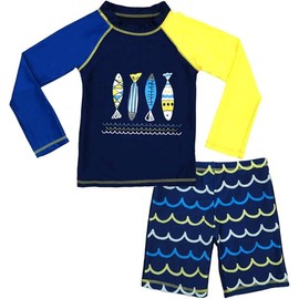 CARMEISON Boys UPF 50+ Long Sleeve Rash Guard and Swim Trunks Outfit Set Toddler to Big Boy Sizes Fish 9T