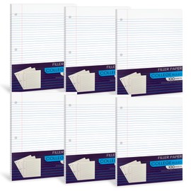 Notebook Paper College Ruled, Loose Leaf Paper College Ruled Notebook Filler Paper, Lined Filler Paper for 3 Ring Binders - 10.5” X 8", for College, School Classroom - 100 Sheets/Pack (6 Pack)