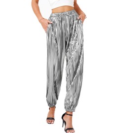 heipeiwa Women's Metallic Pleated Sequin Shiny Joggers Pants Party Club Wear Sweatpant Trouser