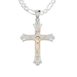 US Jewels Men's Solid 925 Sterling Silver & 14K Gold 35.5mm Crucifix Cross 3.2mm Figaro Chain Necklace, 24in