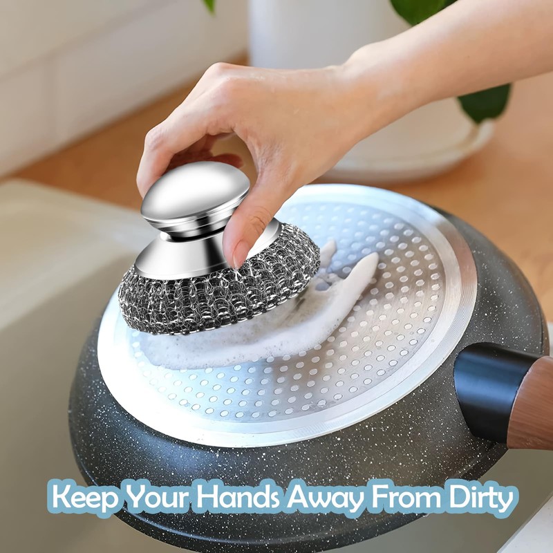 2Pack Stainless Steel Wool Scrubber with Handle, Scrubbing Scouring Brush