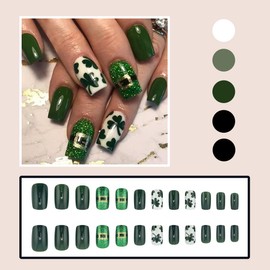 24 Pcs St. Patrick's Day Square Press on Nails Short - YEFIUO Green White Nail Tips Acrylic Nail Art Kit Fake Nails Press ons Green Glitter French Four Leaf Clover Full Cover False Nails for Women