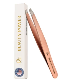 Beauty Power Slant Tip Tweezers - Stainless Steel Eyebrow Tweezers for Women & Men - Precision Tweezers for Facial Hair, Ingrown Hair & Brow Shaping - Professional Beauty Tool (Rose Gold)