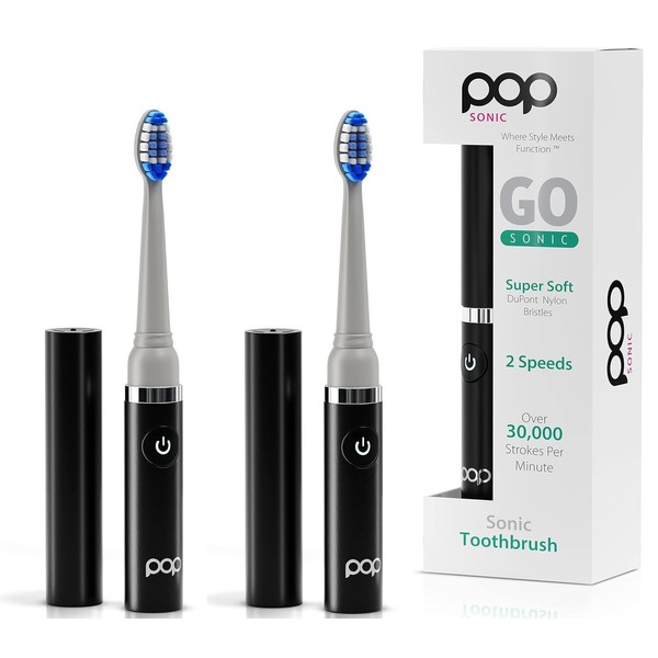2-Pack Pop Sonic Electric Toothbrush (Black) - Travel Toothbrushes w/AAA