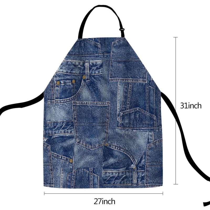 afidomu Kitchen Cooking Apron Denim Texture Patchwork Indigo Apron Home