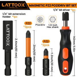 Pozidriv Bit Set with Quick Release Bit Driver, LATTOOK 6-Piece PZ2 Bits Pozi Pozidriv Screwdriver, S2 Steel with Magnetic, 2'' & 1'' Long