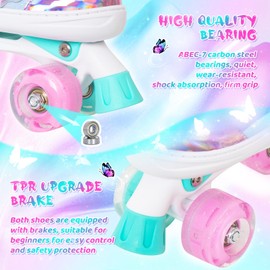 MammyGol Kids Roller Skates for Girls or Boys, 4 Size Adjustable Roller Skates for Toddler with Beautiful Butterflies, Beginner Kids Light up Roller Quad Skates Indoor Outdoor (Teal)
