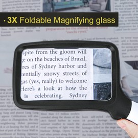 Arsir 3X Folding Magnifying Glass with Light, Retancular Lighted Magnifier with 5 LED Lights, Handhold Page Magnify Lens Seniors Gift for Reading Books, Coins, Maps, Inspection, Kid Exploring -Black