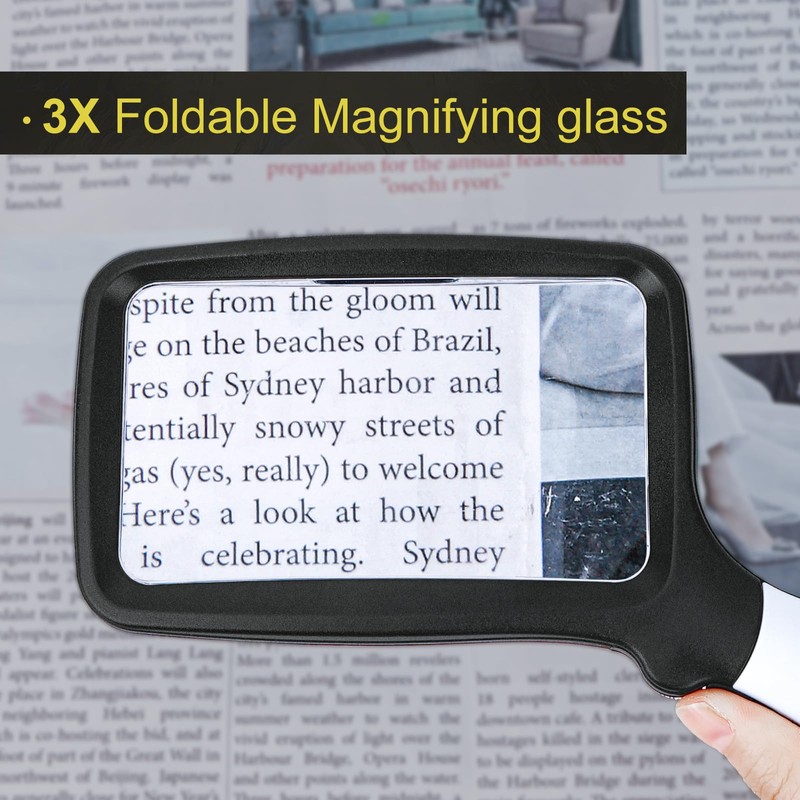 Arsir 3X Folding Magnifying Glass with Light, Retancular Lighted Magnifier