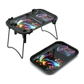 Foldable Metal Rolling Tray, 2pcs Large Coloful Multi-Purpose Metal 9.1 x 6.2 inches Table Kit with Rolling Trays Including Tools Packer Maker Colorful Mushroom Pattern (AO028-1)