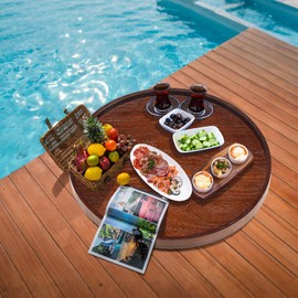 Extra Large Round Solid Wood Serving Tray, Classic Tea Coffee Table Wooden Decorative Ottoman Tray Server for Breakfast in Bed Snack Food Kitchen Party Bar, Raised Edge (27.6inch/70cm) Walnut