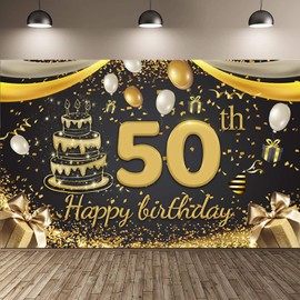 Happy 50th Birthday Backdrop Banner 70.8 x 43.3 Inch, 50th Anniversary Birthday Photo Booth Backdrop Large Fabric Black Gold Sign Poster Background for Men Women 50th Birthday Party Decorations