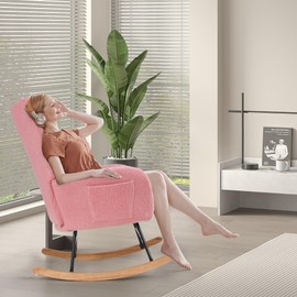 VECELO Rocking Chair Nursery with Thick Headrest, Modern Teddy Upholstered Reading Glider Rocker Accent Armchair with High Backrest, Padded Seat, Side Pocket, for LivingRoom, Baby Room, Soft Pink