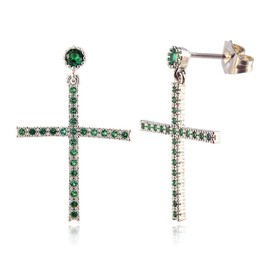 [RIZILIA CROSS] Dangle Drop Pierced Earrings with Round Cut Gemstones CZ [Green Emerald] in 18K White Gold Plated, Simple Modern Elegant