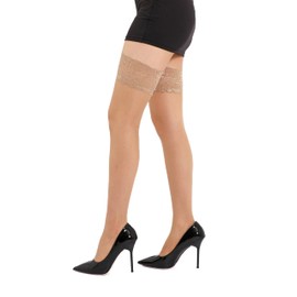 EVERSWE 2 Pairs Pack Women's Thigh High Silicone Lace Top Sheer Stocking (Nude, L)