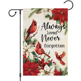 Heyfibro Cardinal Christmas Flowers Poinsettia Garden Flag 12x18 Inch Double Sided Burlap, Always Loved Never Forgotten Memorial Yard Flag for Winter Holiday Xmas Gravesite Outdoor Decoration(ONLY FLAG)