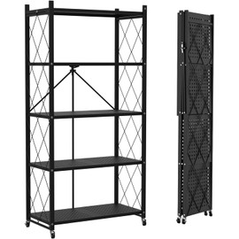 Lifetime Home 5-Tier Foldable Storage Shelf with Wheels - Metal Collapsible Shelving Unit Display, Rolling Cart for Books Kitchen Storage Shelves, Pantry & Closet Organizer, Office Room Decor - Black