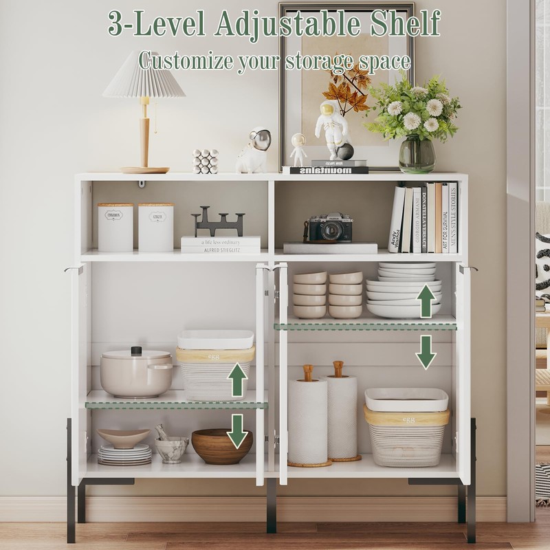 White Buffet Cabinet with Storage, Fluted Storage Cabinet with Doors