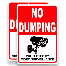 2 PC No Dumping Signs - 10 x 7 Aluminum No Garbage Sign - Video Surveillance Sign - No Dumping Signs Private Property - No Littering Sign Outdoor Red