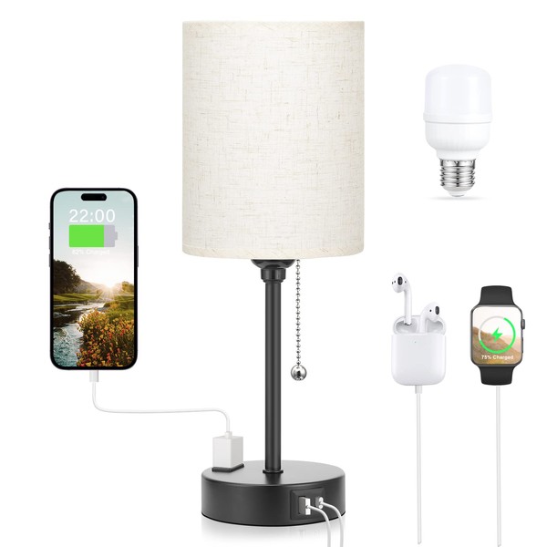 Small Bedside Lamps 3 Color Modes - Off White 2700K 3500K 5000K Bedroom Lamps with USB C and A Ports, Pull Chain Table Lamps with AC Outlet, Nightstand Lamps with Black Metal Base for Kids Reading