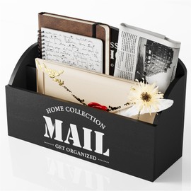 Mail Organizer, Mail Holder with 2 Slots, Mail Basket for Wall Table Countertop, Wood Desk Mail Sorter Organizer,Bill Envelope Letter for Home Office (Black)